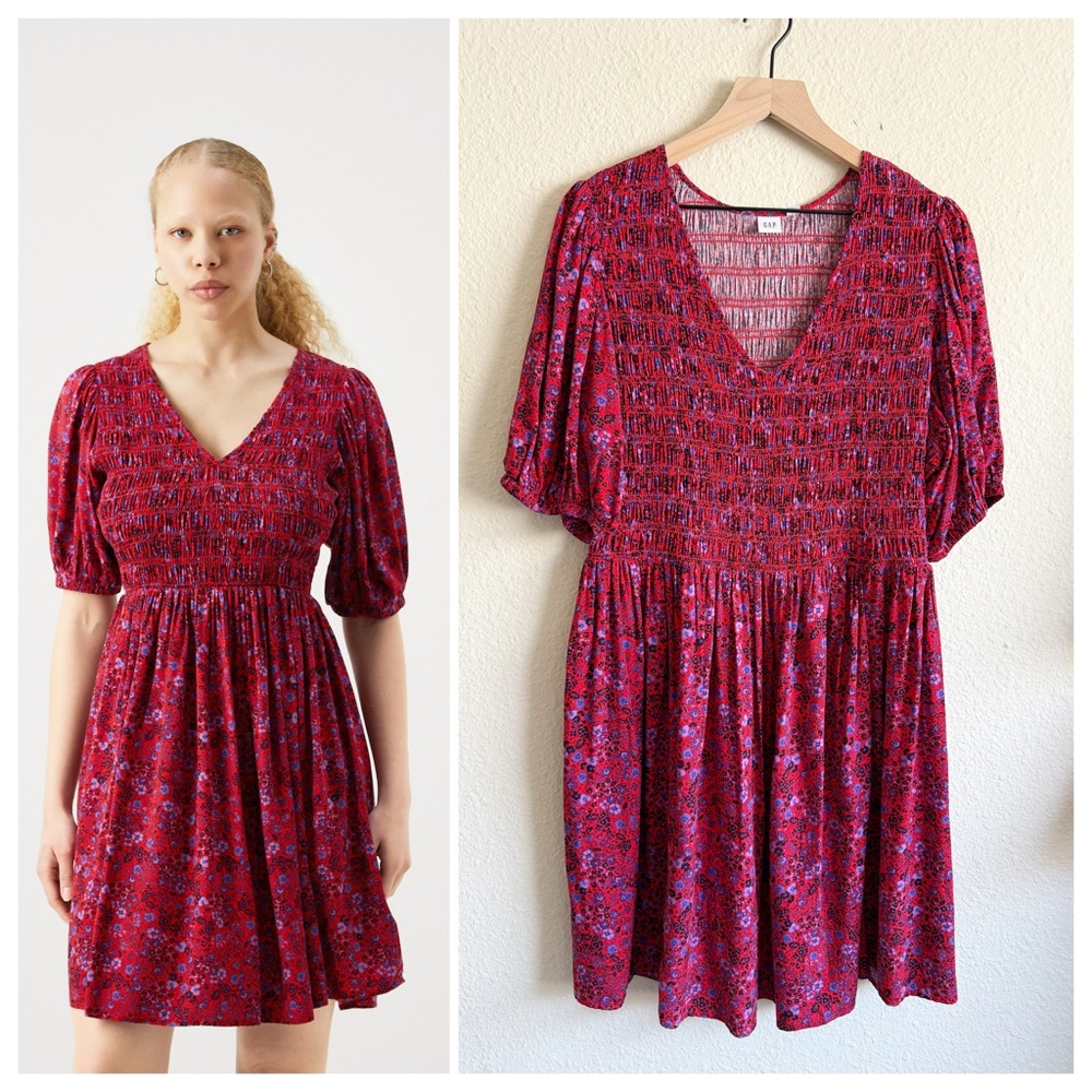GAP Red Black Ruffled Puff Sleeve Mini Dress~Size XL